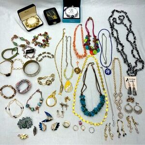 Grandmas 925 marked Jewelry Box Lot of Necklaces Brooches pins Earrings rings